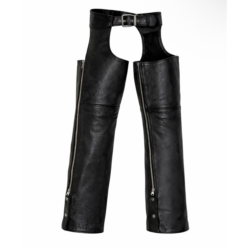 FIRST Genuine Leather Motorcycle Chaps XS Black‎ Biker Zip Side Chaps